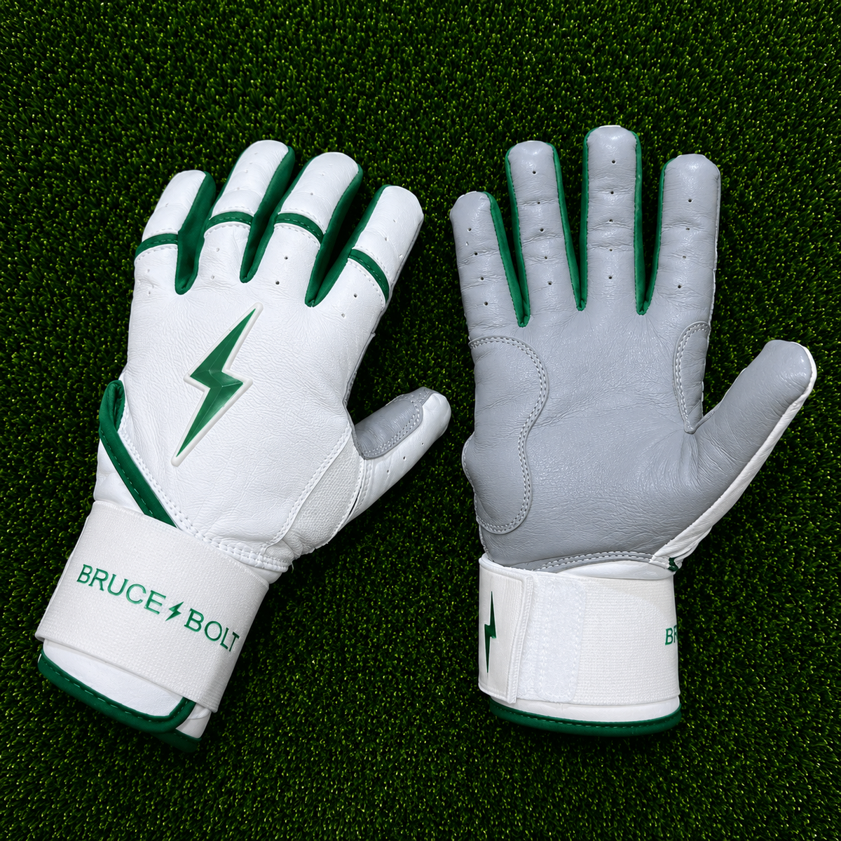 ⚡ Bruce Bolt White & Green Batting Gloves | Premium Leather | Pro Edition