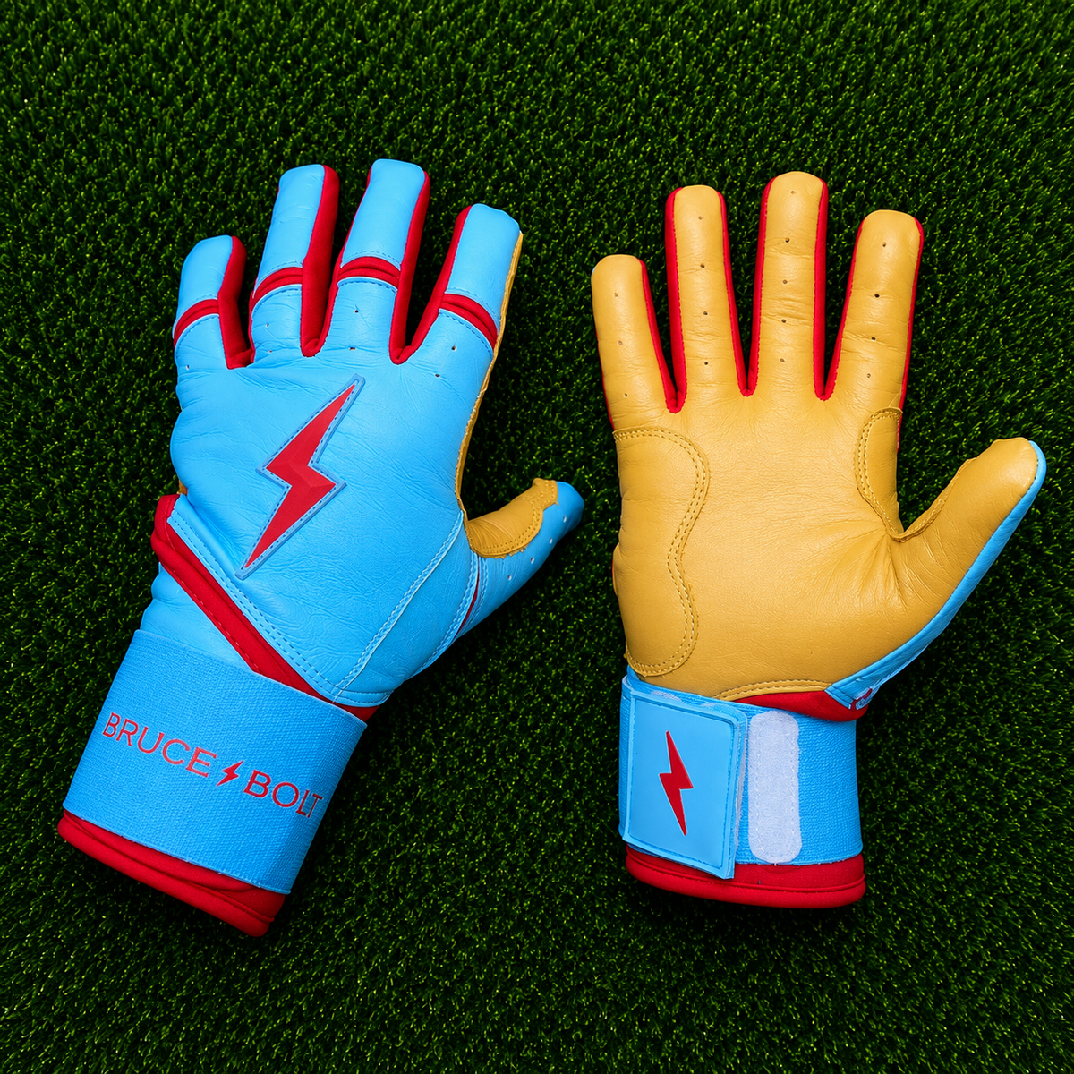 ⚡ Bruce Bolt Sky Blue/Gold Premium Batting Gloves | Limited Colorway | Pro Leather